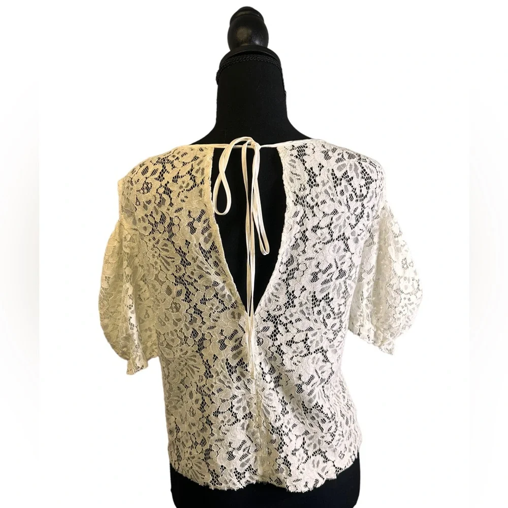 Zara Lace Cold Shoulder Top Ivory Boho Sheer Crochet Blouse Size M